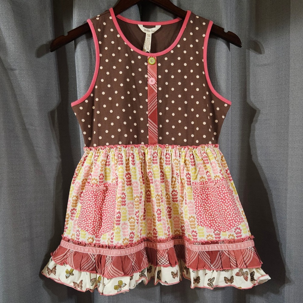 Matilda Jane Girls Brown Polka Dot Floral Butterfly Tiered Ruffle Dress Size 14
